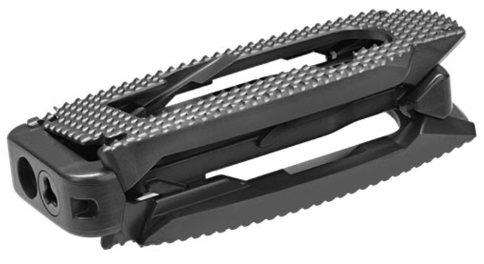 Continuously expandable interbody spacer in (A) minimized and (B